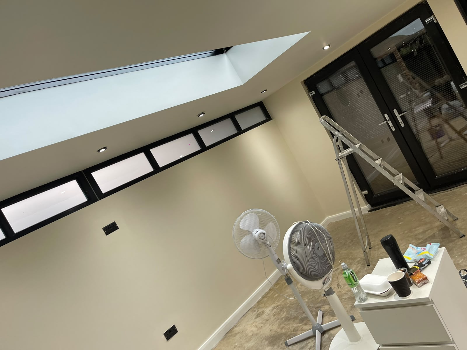 Painted sunroom walls and ceiling beside black double doors