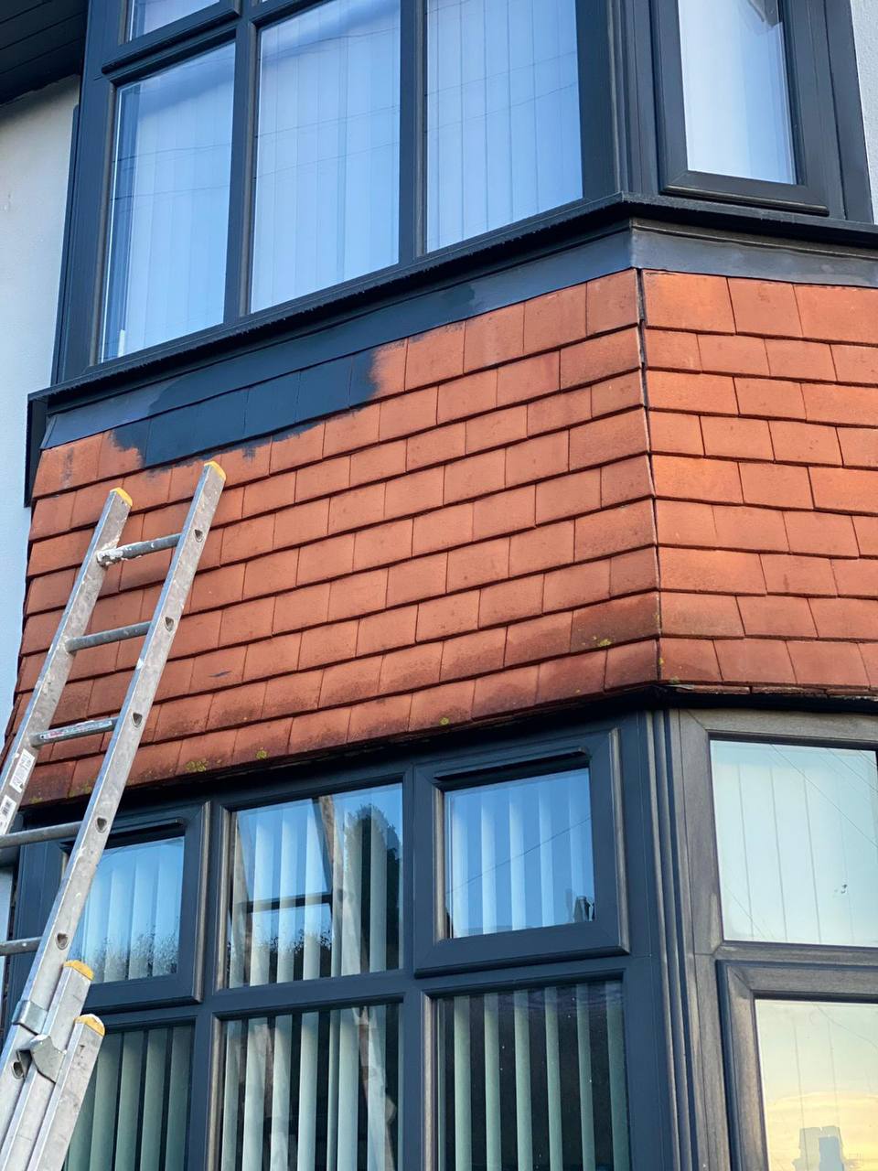 Bay window cladding mid-paint with ladder against the wall
