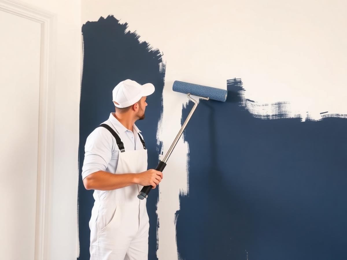 CrazyPaints decorator rolling navy paint onto a smooth wall